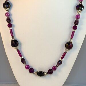 Purple Agate, Amethyst, Crystal And Plastic Bead Necklace (NA85)